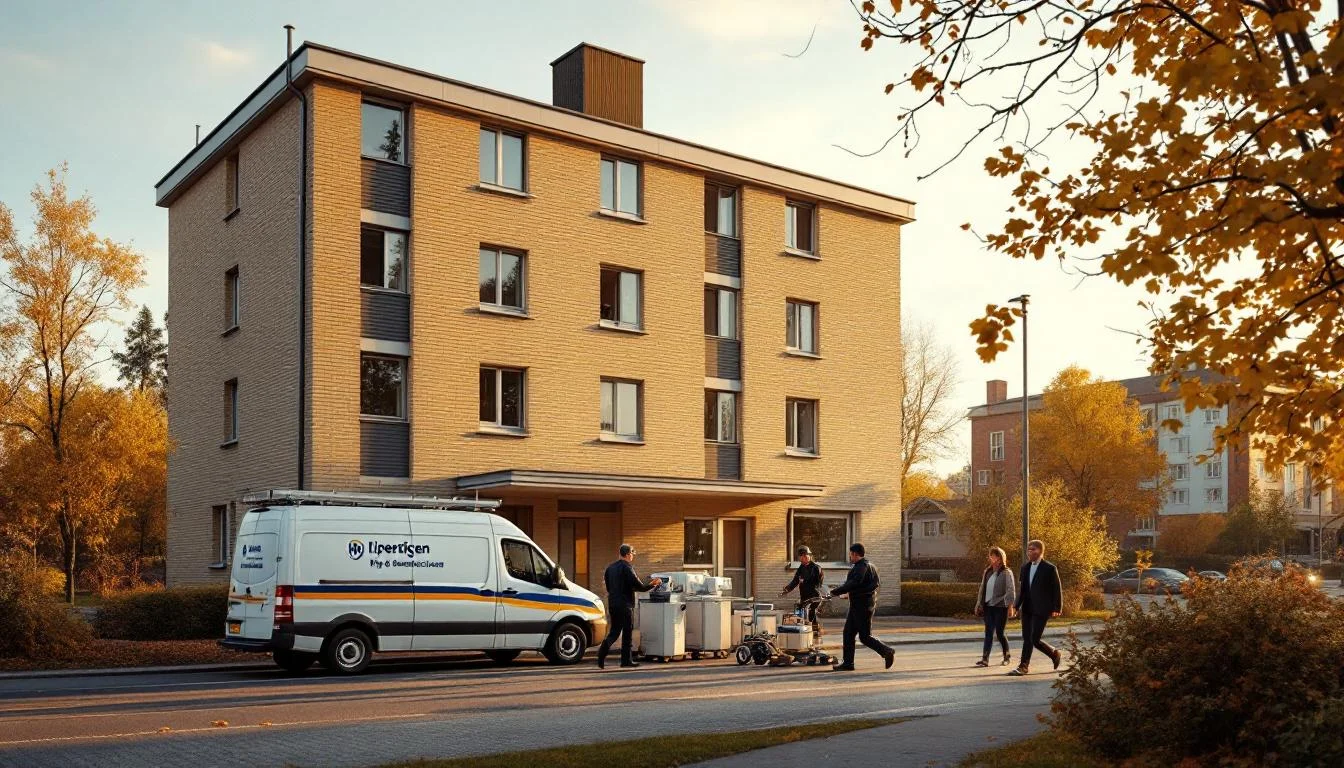 Tekniker lossar utrustning vid ingången till en svensk BRF-fastighet