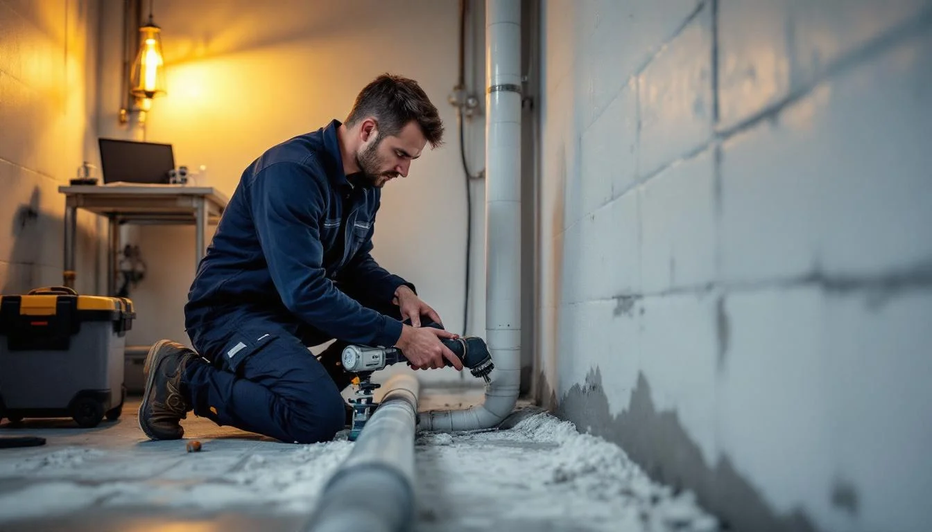 Tekniker installerar reliningmaterial inuti ett gammalt gjutjärnsrör